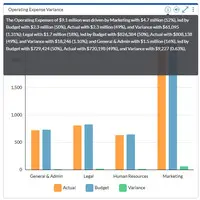 Screenshot of Chart Insights, one of the AI Insights capabilities that utilizes Artificial Intelligence and Natural Language Processing to provide enhanced business awareness.  Chart Insights extends the important details contained within dashboards, and analyzes the complete dataset behind the dashboard, automatically surfacing the data relationships not obvious in dashboard visualizations alone. It then provides a summary of key performance metrics found buried within Prophix charts.  It also summarizes the important insights in plain English.