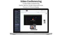 Screenshot of Video Conferencing, to engage members, featuring notifications for participating members in a given Workspace, Task, Course, or Event about starting the video call, and picture-in-picture display to concurrently call and use Engage Spaces.