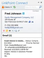 Screenshot of View real-time CRM data without ever leaving your email. Click on an email, and the LinkPoint Connect Side Panel instantly displays that contact’s information directly from the CRM.