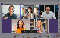 Screenshot of Teamplate's video call integration, usable in direct messages, group chats and calendar events. Teamplate users can start a call with a person or team with a single click, share the screen, orrecord the screen to explain technical issues.