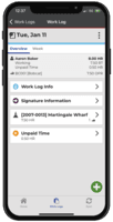 Screenshot of Construction works independent of a crew can instantly report labor and equipment hours and productivity on individual work logs against specific job codes.
