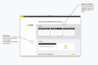 Screenshot of the entry page, which is displayed by clicking the Home tab. From here users can; check out example workflows to get started, access a local workspace, or even start a new workflow by clicking the yellow plus button.
