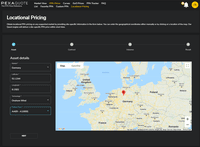 Screenshot of Locational based pricing is provided simply by dropping a pin in a map, selecting your technology type and specific turbine or direction and angle of solar panel. Production profiles are generated based on meteorological data and turbine or solar panel type, these assumptions can be overridden manually with customer own profile data.