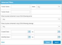 Screenshot of Filters - Advanced filters on users, courses, series and catalogs help get to just the list of items to focus on.Change, reset or keep these filters while moving across items.
