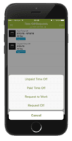 Screenshot of Employees can submit a time-off, request - paid, or unpaid - and can request to work or request off right from the mobile app.
