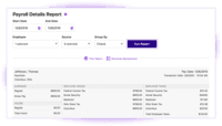 Screenshot of a payroll report, to sort by work location, employee, and date range.