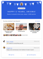 Screenshot of Automated celebration recognitions ensure your employees feel extra appreciated on their special days. Whether work anniversaries or birthdays, employees can quickly see the number of occasions to celebrate that day, and can easily send anniversary or birthday recognitions from the home page.