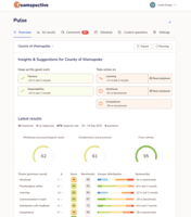Screenshot of Actionable real-time people insights – Pulse results are automatically visualized and areas warranting attention are highlighted based on trends and comparisons to benchmark values.