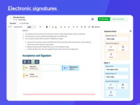 Screenshot of ELECTRONIC SIGNATURES - Add signature blocks and signer details to request eSignatures on your documents. Recipients get notified via email to fill and sign documents from their mobile or desktop.