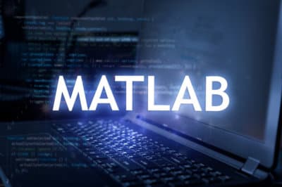 MATLAB inscription against laptop and code background. Learn programming language, computer courses, training.