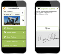 Screenshot of Pumpjack Pro is a sample application for Alpha Anywhere designed for inspecting pumpjacks - those machines that look like bobbing horse heads above oil wells. Features include: 
- Pass/fail buttons
- Photo capture
- GPS location capture
- Indicator meters
- A popup cheat sheet
- A popup video
- A signature capture control
- Offline operation