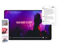 Screenshot of Subsplash's church media platform, which features live streaming with chat, end-to-end media workflow & publishing, personalized media recommendations, no ads or distractions, and analytics.