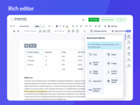 Screenshot of RICH EDITOR - Creating professional-looking documents is easy with the drag & drop editor. Add text, images, tables, page breaks, signature blocks, and more. Personalize further with rich formatting options, customizable cover page themes, & backgrounds.