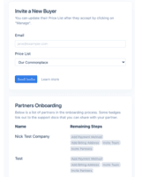 Screenshot of Partners can be invited to start trading with a single email. Track their progress through the onboarding funnel and keep everyone on track.