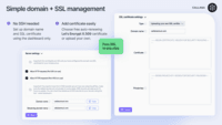 Screenshot of Simple domain and SSL certificate management. Free and auto-updating Let's Encrypt X.509 certificate. No SSH connection needed, set up from the dashboard.