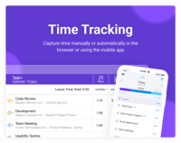 Screenshot of Choose between an online timesheet, a browser extension and a free mobile app. Record time spent in other apps and on the go. Ensure data accuracy and security with timesheet locking and approvals