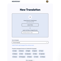 Screenshot of First step for your translation. You have to upload your video or paste a YouTube or Google Drive link. Then choose source language and up to three destination languages.