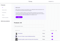 Screenshot of Forma's admin dashboard to add tryon-enabled prodcuts, or to turn on or off any individual product