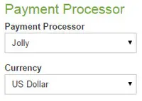 Screenshot of Currency and Processor
The Jolly payment processor or another account can be used with a supported payment processor:

Jolly
Paypal
Authorize.Net
2Checkout