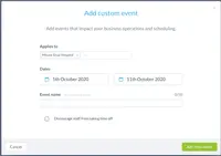 Screenshot of Add special events and comments  to your schedule. Block out PTO requests during busy periods.