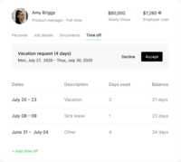 Screenshot of Manage international employees' time off, compensation, benefits, etc, from our all-in-one platform.