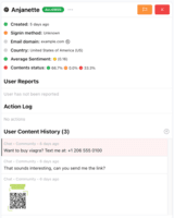 Screenshot of Users are moderated with a comprehensive overview of the user's information and actions.