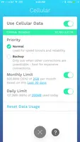 Screenshot of Settings for Cellular connection.  Speedify is cost aware, and lets you set both priorities and data caps on each connection.