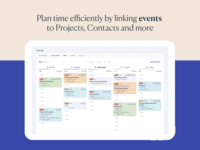 Screenshot of Manage your time holistically, schedule meetings in shared calendars that are linked to customers and projects, while each user can manage their own task list. Completed tasks and events automatically feed into work reports.
