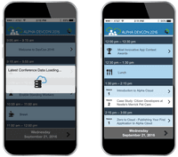 Screenshot of DevCon 2016 is an offline-capable mobile/web application for navigating the Alpha Software Developers Conference. Although this is a real, working application it also makes a great sample application for anyone who wishes to build a Conference Schedule Application in Alpha Anywhere.This application was created using out-of-the-box Alpha Anywhere functionality with a minimum of custom JavaScript so it is easy to modify. Developers can make modifications to this sample inspection app directly from within the Alpha Anywhere IDE. 
- Updates Against Live SQL Data
- Works offline
- Can be Used as a Web or Mobile Application
- Can be Modified for Your Own Use