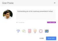 Screenshot of Allow employees to privately or publicly praise their co-workers for a job well done - on Leapsome or via Slack & Gmail. Studies show that this boosts engagement, learning and workplace relationships.