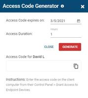 Screenshot of AccessPatrol's Access Code Generator. This tool generates a device/user-specific single-use code that temporarily overrides the blocked devices list. This tool works offline as well, providing a method for allowing USBs and other devices for special use-cases.