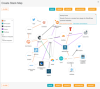 Screenshot of Visualize your stack architecture with Stack Maps. At a glance you can visualize all of your technology integrations, and understand what type of integration it is by the use of the color-coded feature.