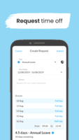 Screenshot of a time off request on a mobile device. Users can request leave from desktop, iOS, or Android devices.