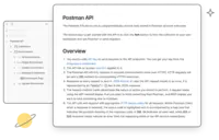 Screenshot of API documentation - Postman automatically generates documentation & supports markdown-enabled and machine-readable documentation. Docs automatically include request details & sample code. Share the docs with your team, in a public workspace, or in a dedicated portal.