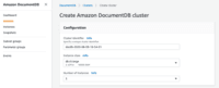 Screenshot of Creating an Amazon DocumentDB cluster