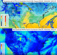Screenshot of Meteomatics forecast of stormy weather in the USA on 19-21st of April 2023. The images show that a low-pressure system over the central US brings warm and moist air from the south to the north. Severe thunderstorms are possible along the boundary where the cold dry airmass and the moist warm airmass meet. The entire animation can be seen on Meteomatics LinkedIn: https://www.linkedin.com/feed/update/urn:li:activity:7054479103495684096
