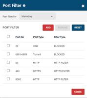 Screenshot of BrowseControl's port filter. The port filter blocks egress and ingress network traffic based on network port numbers and port ranges. This allows network administrators to block unused ports and reduce the attack surface of their network.