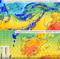 Screenshot of Meteomatics forecast of a heat wave over Spain on April 2023. The upper image shows a low-pressure system over the North Atlantic with including weather fronts. The lower image shows the temperature evolution on the Iberian Peninsula, where heat records are broken, which adds to the drought situation that already persists for months.