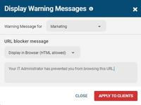 Screenshot of BrowseControl's warning message. When a user attempts to access a blocked website they will be presented a warning message. The message can be customized to include links to a company's acceptable use policy, or any other messaging.