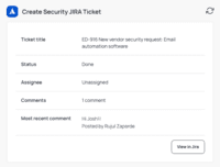 Screenshot of Zip also integrates with all major ticketing, CLM, GRC, and ERP/P2P solutions. Here's an example integration card for JIRA.