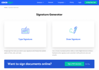 Screenshot of When you log in to the Cocosign website, check the upper right-hand corner of the website to locate the e-sign tool. Click on it and it will open a pop-up window. You will see two options to create your signature – ‘Draw’ or ‘Type’. Click one of the two to get started. If you click on ‘Draw’, you can use a stylus pen or your mouse to draw your signature like you would on paper. The ‘Type’ option gives you different styles of writing texts to create your signature. All you have to do is type the name that you want to use as a signature and it will give you numerous options to choose from.