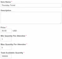 Screenshot of Price and Availability
Price levels and available quantities can be set for each ticket including the date range when a given ticket or package item will be available for purchase.