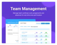 Screenshot of Manage workload and assign tasks to team members. Share details, comments and useful links. Review team performance with time and financial reports