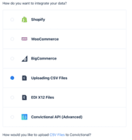 Screenshot of Trading partners can pick their path of integration. It provides a Shopify connector that allows users  to work with any Shopify based brand. Partners can also connect via CSV, EDI, and API. This can be managed from a single admin interface, sellers get their own portal for all their retail partnerships.