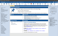 Screenshot of Start page. Dashboard to see tasks, calendar, to dos, and customized agency announcements. Access policy details in 3 clicks or less.