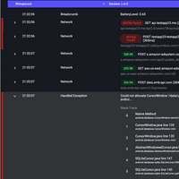Screenshot of The Embrace User Session Timeline highlights the complete technical and behavioral details of every user experiences. It displays all views, logs, user actions, network calls, device state changes, freezes, and crashes across every foreground and background session.