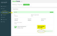 Screenshot of You can email the payslips directly from the PayrollPanda app to your employees under payroll history. The payslips will be sent in PDF format. Make sure that each employee's email address is entered correctly into the “Personal Info” section in their employee record.