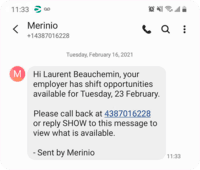 Screenshot of Share all the necessary information: Thanks to the multiple communication tools integrated in Merinio, fill your shifts quickly and make sure the job is done perfectly. Communicate all the necessary information directly to employees by the method of their choice, via call, SMS, notification or email.
