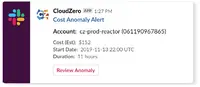 Screenshot of Cost Anomaly Alerts let customers know immediately as soon as spend ticks, not just when they’ve hit a budget, to deal with issues in the moment.