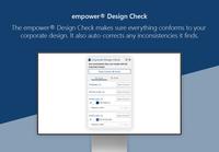 Screenshot of The empower® Design Check examines the template, fonts, colors, titles, numberings, margins and logo spacing to make sure everything conforms to your corporate design. It also auto-corrects any inconsistencies it finds in templates or production documents.